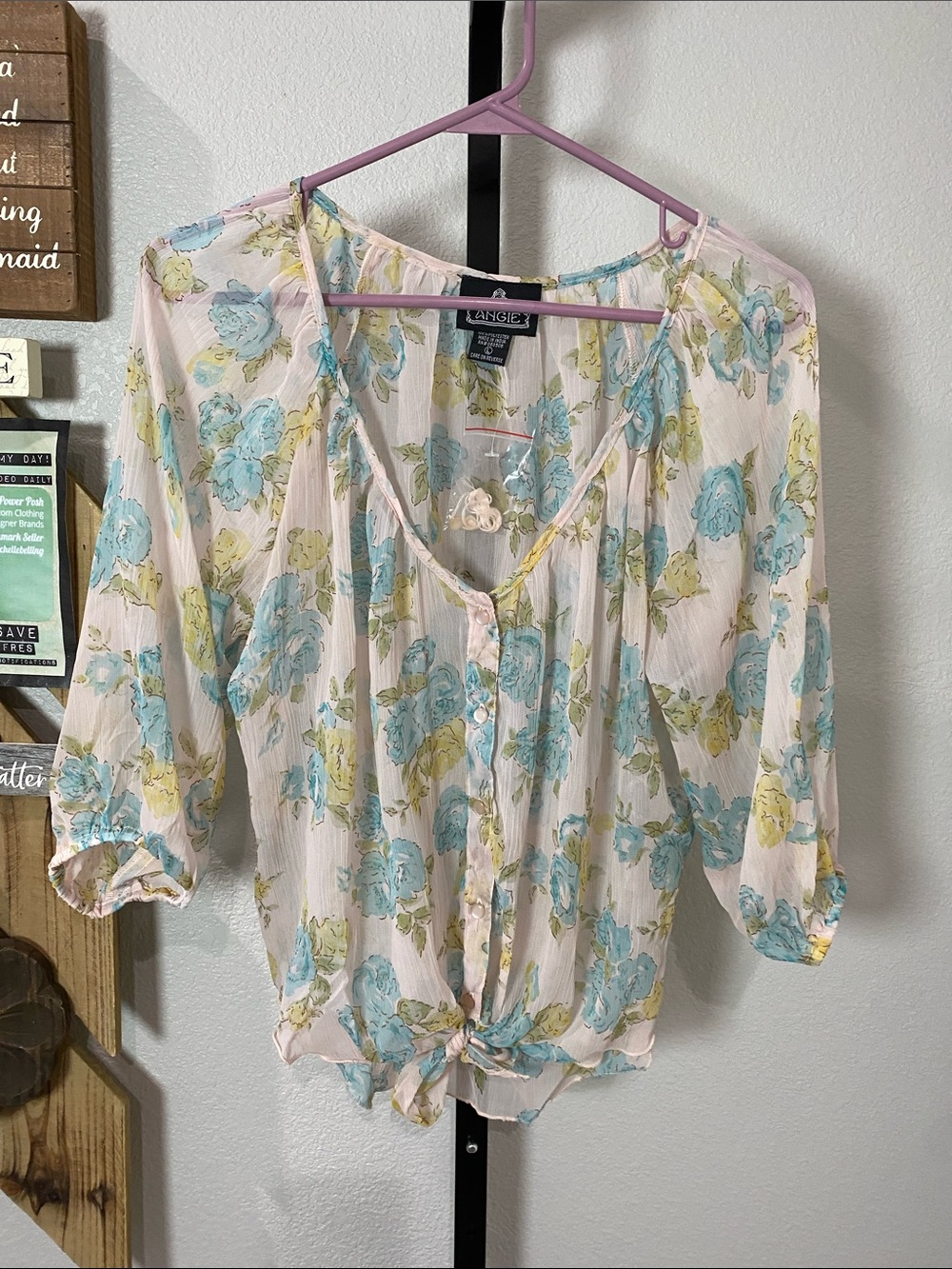 Angie Floral Tie-Front Sheer Blouse in Light Pink and Aqua pp21 L21